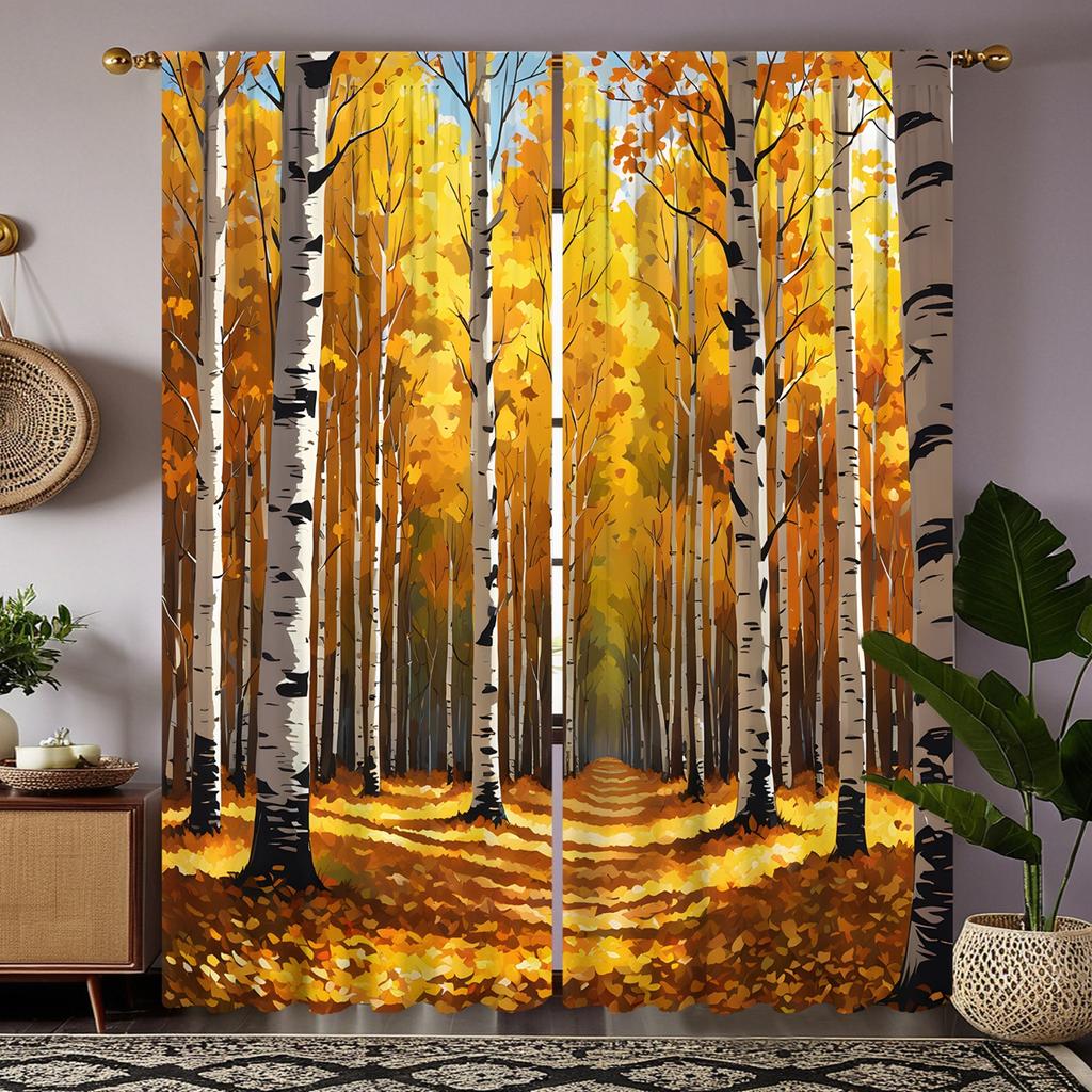 2 pieces of HD autumn birch forest leaves decorative curtain Yellow digital printed curtain home decoration style decoration liv