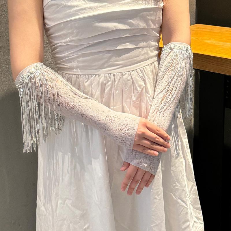 

Мода Острая Девушка Блестки Кисточки Митенки Ночной Клуб Сцена Эластичные Блестящие Кружевные Рукава Аксессуар для Украшения Платья