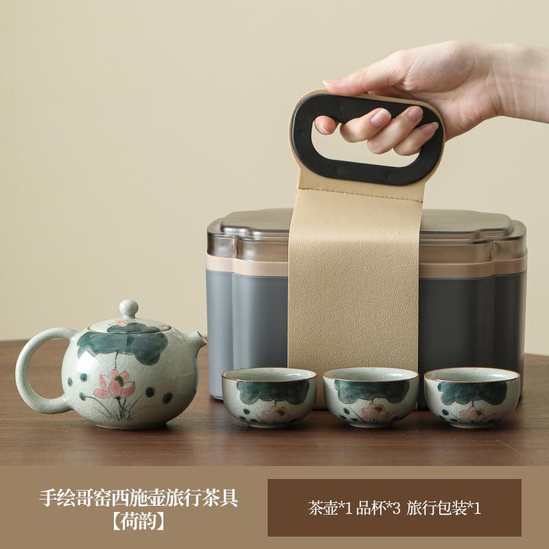 Hand-Painted Teapot, One Pot, Three Cups, Ge Kiln Ice Crack Glaze, Ceramic Kung Fu Tea Set, High-End Travel Storage Gift Box