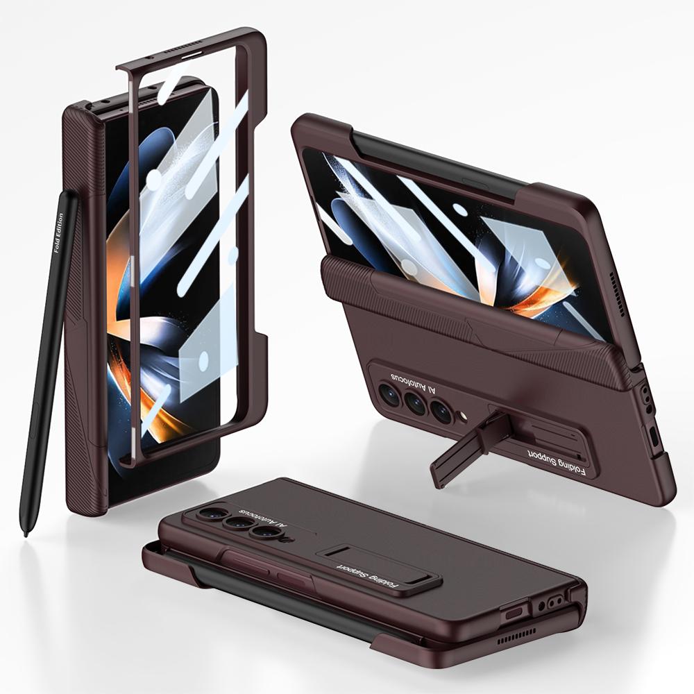 For Samsung Galaxy Z Fold 4 Case Ultra Thin Matte Magnetic Folding Hinge Kickstand With Side Pen Slot Tempered Film Hard Cover