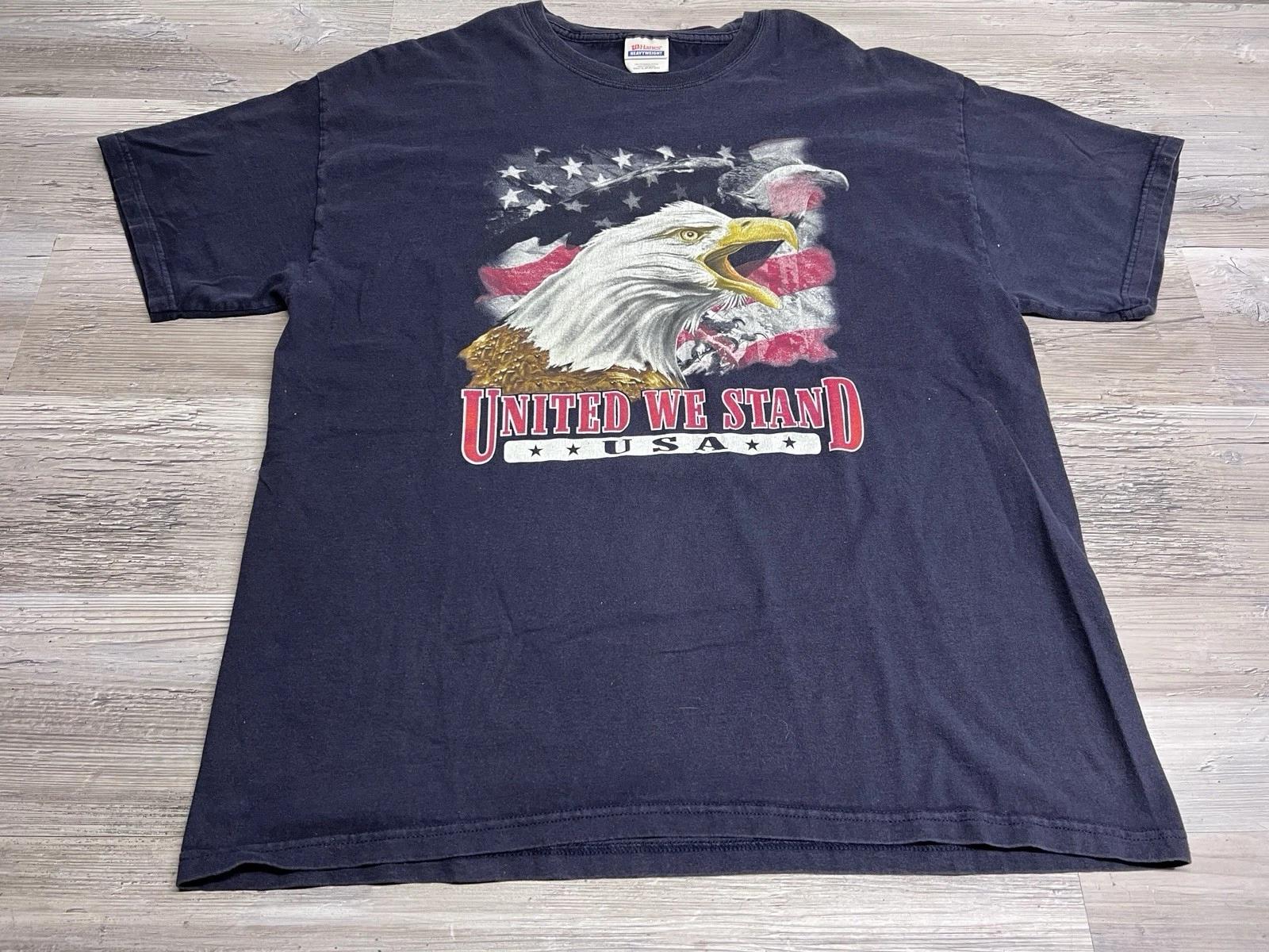 

Vintage Y2K Sun Faded Patriotic T-Shirt United We Stand Eagle Flag Black Size XL 2XL