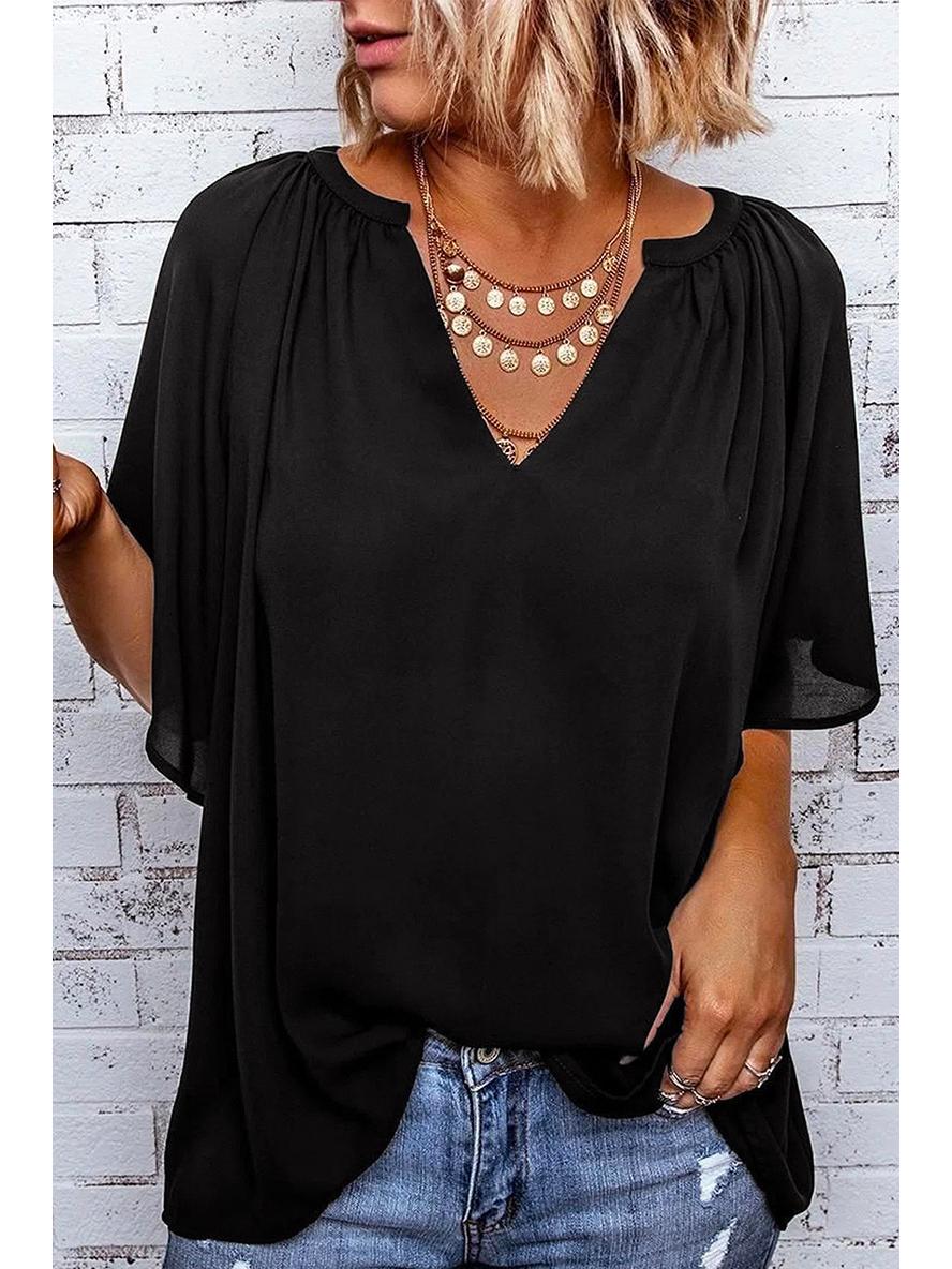 

2025 European & American Summer Loose V-Neck Casual Women s Chiffon T-Shirt Large чёрный