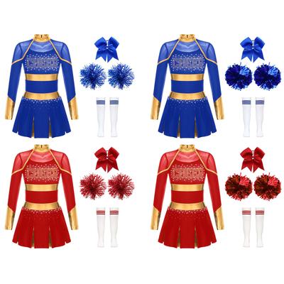 Komplettes Kinder Cheerleading Wettkampf Set: Glitzer-Strassstein-Buchstabenkleid, Schleife, Handblumen & Socken, Komplettes Performance-Outfit