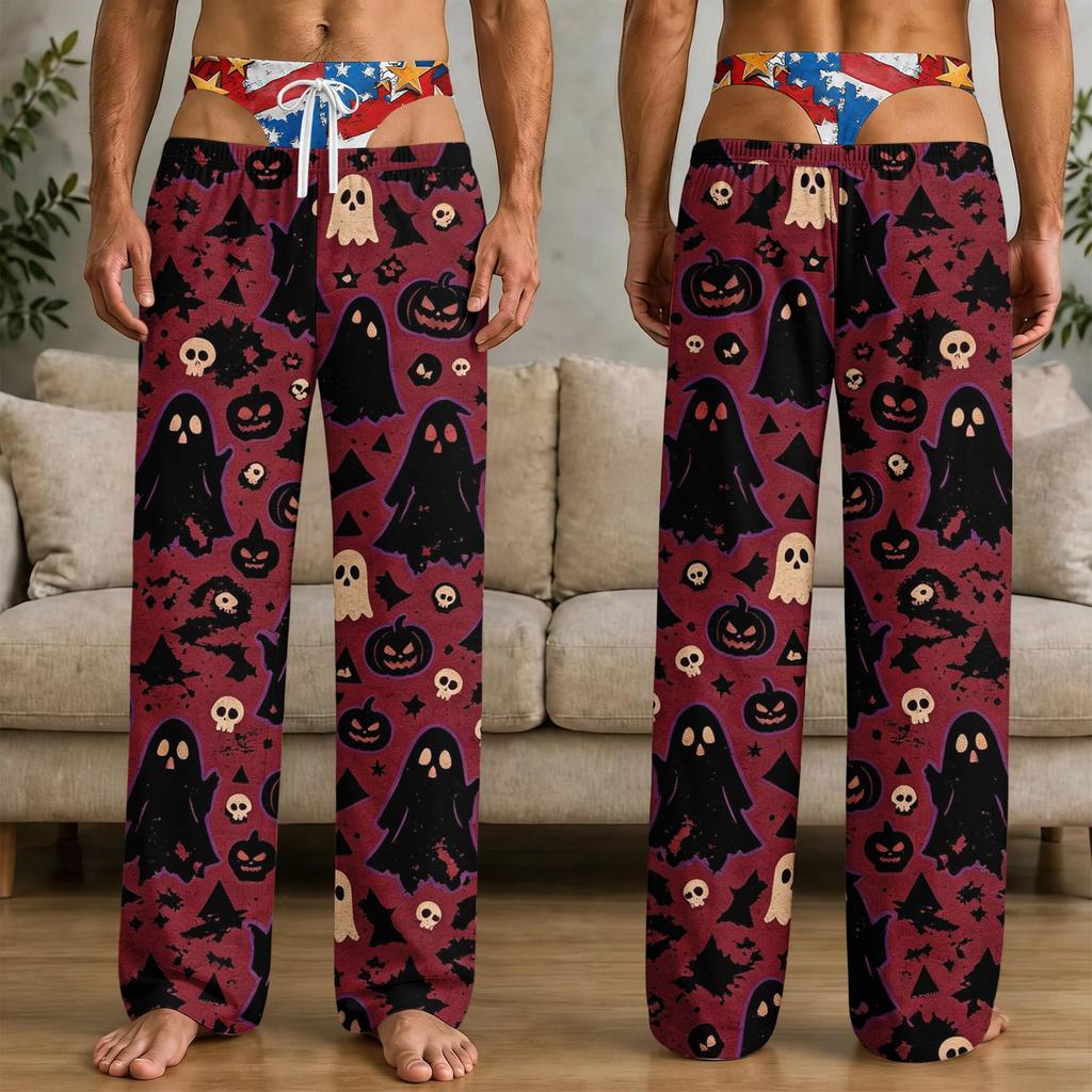 Men's Funny Halloween Print Knit Pants with Pockets, Casual Sleep Pajama Bottoms