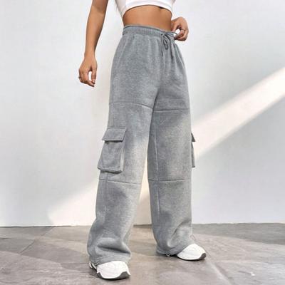 Women Cargo Pants Elastic High Waist Adjustable Drawstring Long Pants with Multi Pockets Wide Leg Design Solid Color Casual Pants