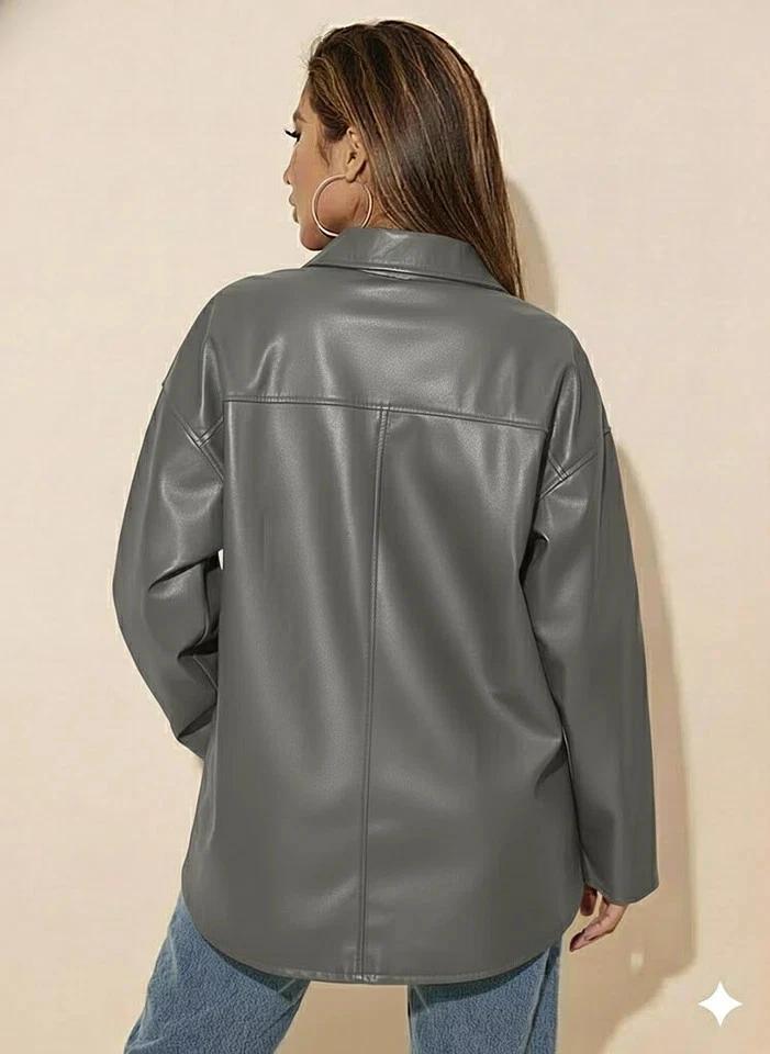 Stylish Women's Gray Shirt Lambskin Leather Office Fit Soft Causal Handmade Genuine