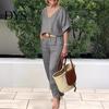 Two-piece Summer Suit 2 Pcs/Set Blouse Pants Set V Neck Long Sleeves Top Wide Women Leg Loose Elastic Waist Trousers OL Commute Casual Homewear Outfit