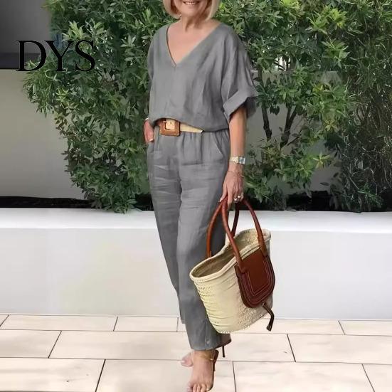 Two-piece Summer Suit 2 Pcs/Set Blouse Pants Set V Neck Long Sleeves Top Wide Women Leg Loose Elastic Waist Trousers OL Commute Casual Homewear Outfit