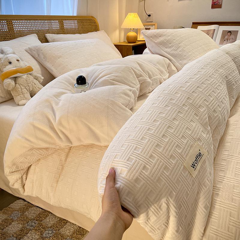 Double-Sided Thickened Milk Coral Fleece Bed Four-Piece Set Fleece Quilt Cover Coral Flannel Bed Sheet Bedding