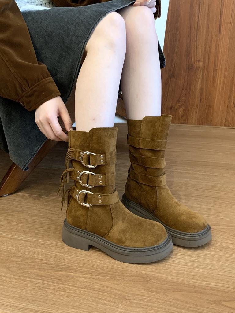 Leather Version Wasteland Wind Leather Desert Western Boots Women's New Stacking Boots Design Tall Boots Versatile Knight