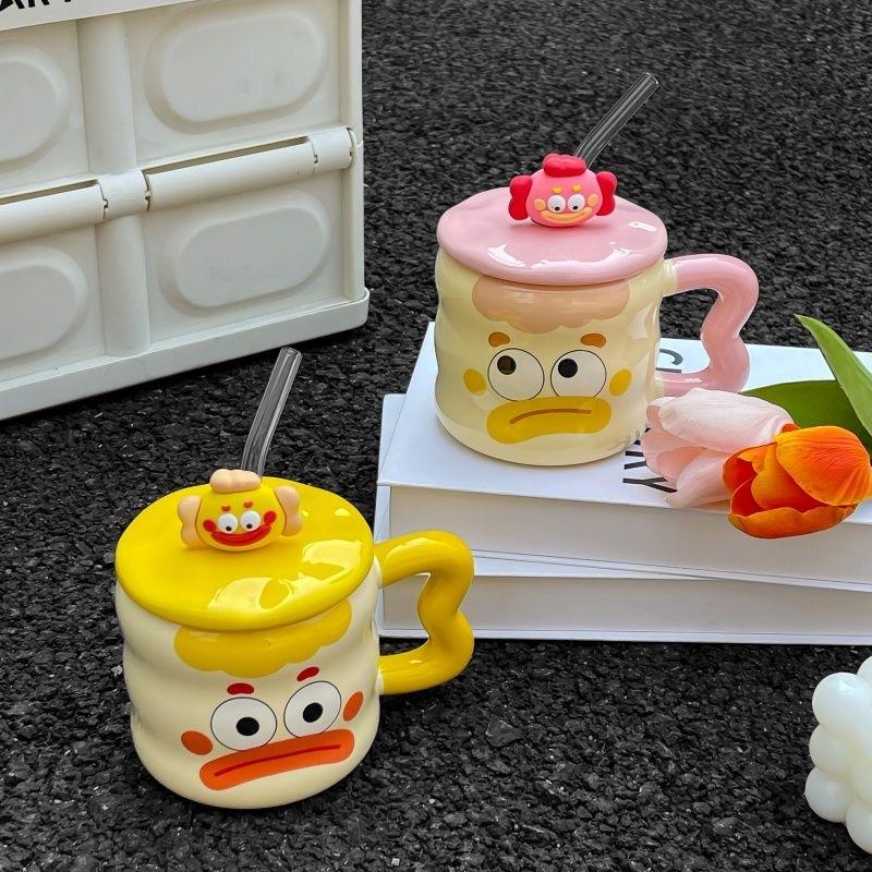 Funny Clown Mug High looking Ceramic Cup with Lid Spoon Couple Drinking Water Cup for Girls Birthday Gift Retro