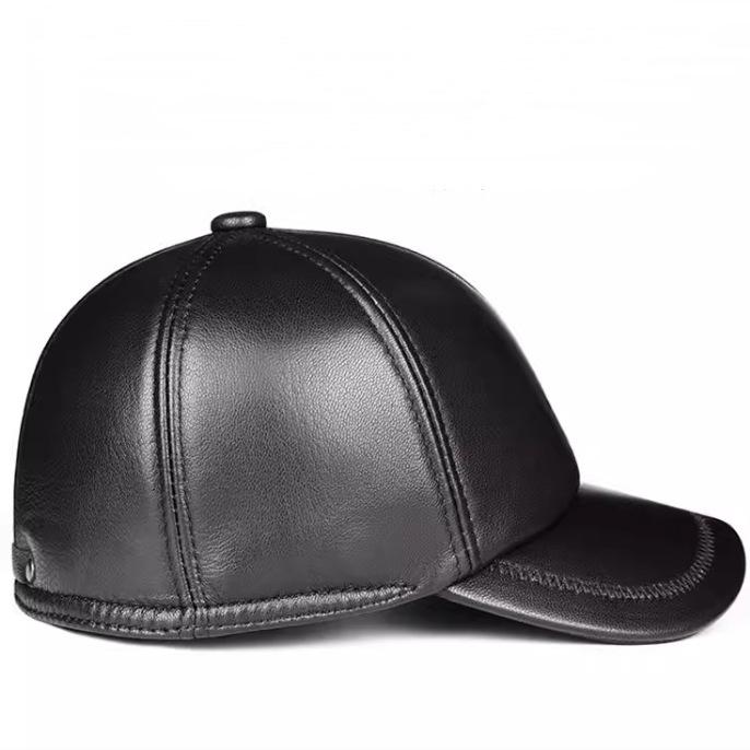 Men's Sheepskin Duckbill Cap - Genuine Leather, Casual, for Autumn/Winter, Adjustable Back Closure, Middle-Aged and Elderly 