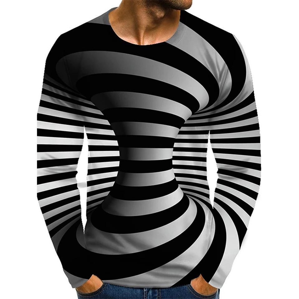

Round Neck 3D Creative Visual Vortex Pattern Printed Top Fashionable Casual Long Sleeved Men s T-shirts S