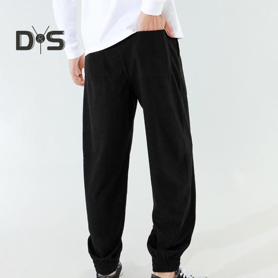 Pánské jarní podzimní kalhoty s bočními kapsami stahovací šňůrka v pase rovná noha tlustá manšestrová jednobarevná volné sportovní kalhoty