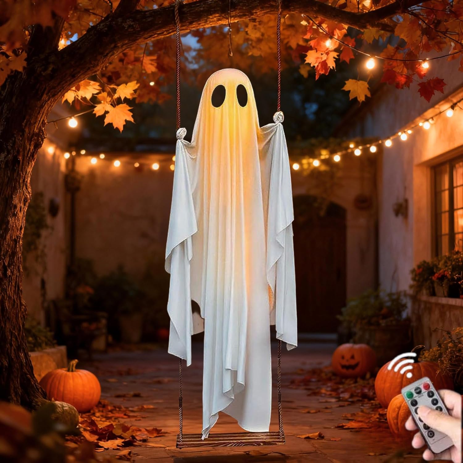 

120cm Swinging Ghost Outdoor Decor on a Swing Adjustable Hanging Halloween Decor with String Lights Spooky Cute Ghosts