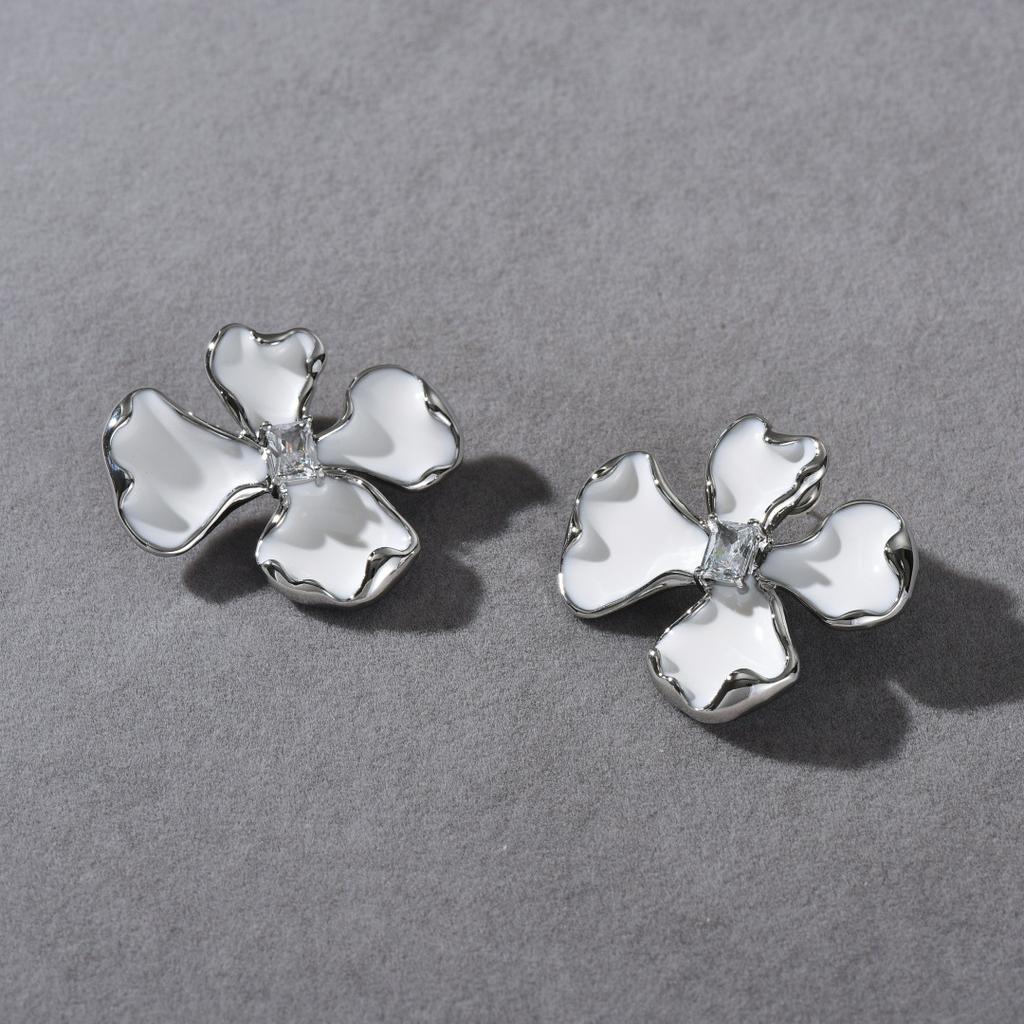 Niche Fashion Copper-Plated Platinum Drop Glaze Flower Inlaid Geometry Square Zircon S925 Silver Needle Stud Earrings Women