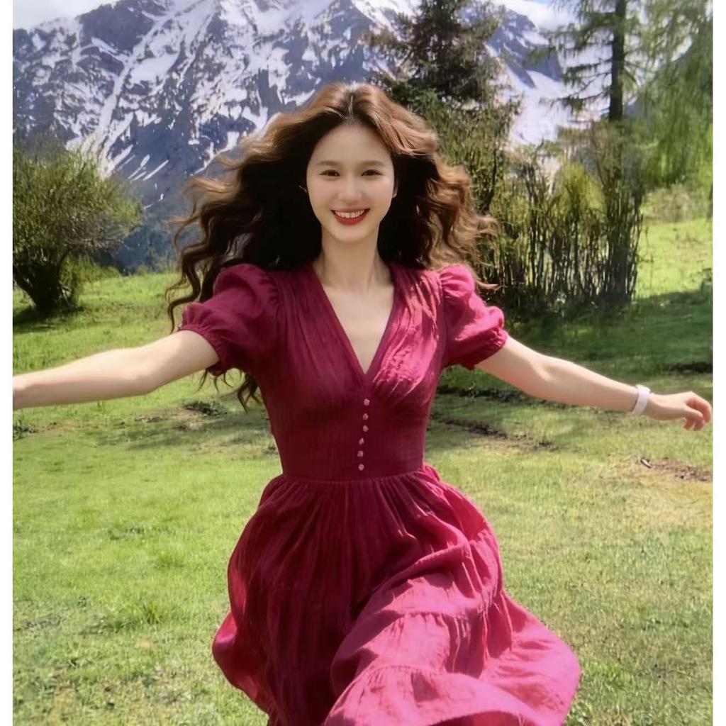 2026 Raspberry Off-Shoulder Petite Summer Maxi Dress - Elegant French Slimming Style for Women