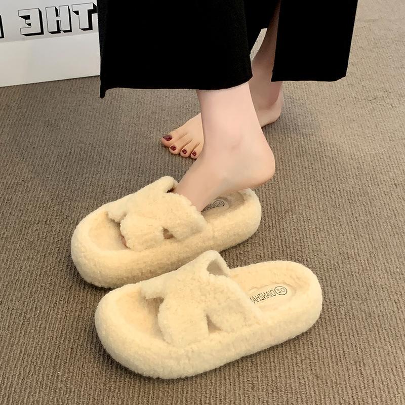 Premium soft-soled fluffy slippers for women's outer wear 2025 new autumn and winter thick-soled wool rolls home one-word cotton mop