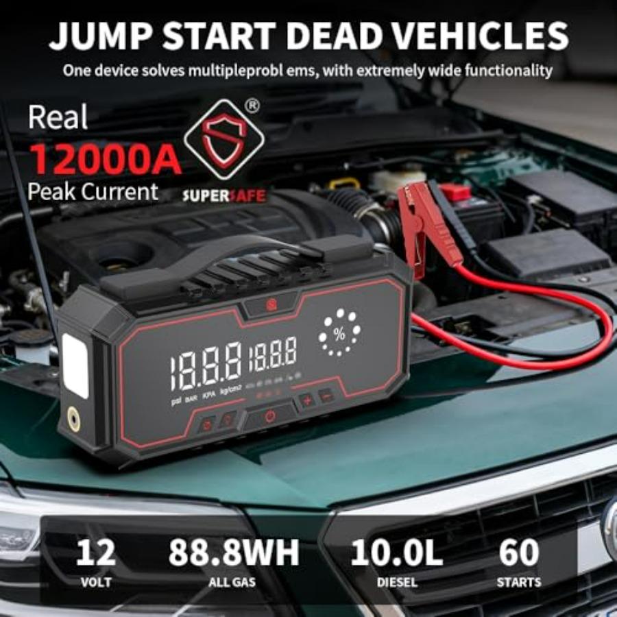 Bærbar booster med luftpumpe 5000A 160PSI dæktryksmåler til benzin 9L/Diesel 8L Nødsæt til vejsiden med SOS-lys Sort