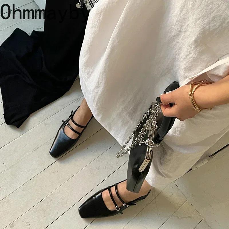 Spring Designer Women Ballet Flats Fashion Elegant Square Toe Belt Buckle Shoes Ladies Comfort Soft Sole Ballerinas Shoes