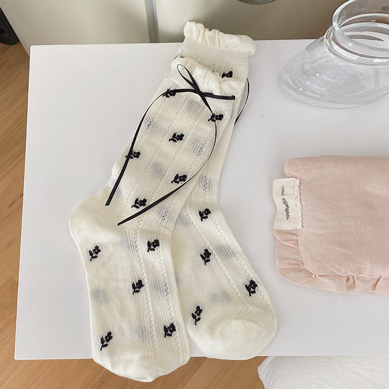 Chaussettes d'été fines pour femmes, vintage, avec nœud en ruban, petites fleurs, douces, en dentelle, en maille, tube, chaussettes montantes