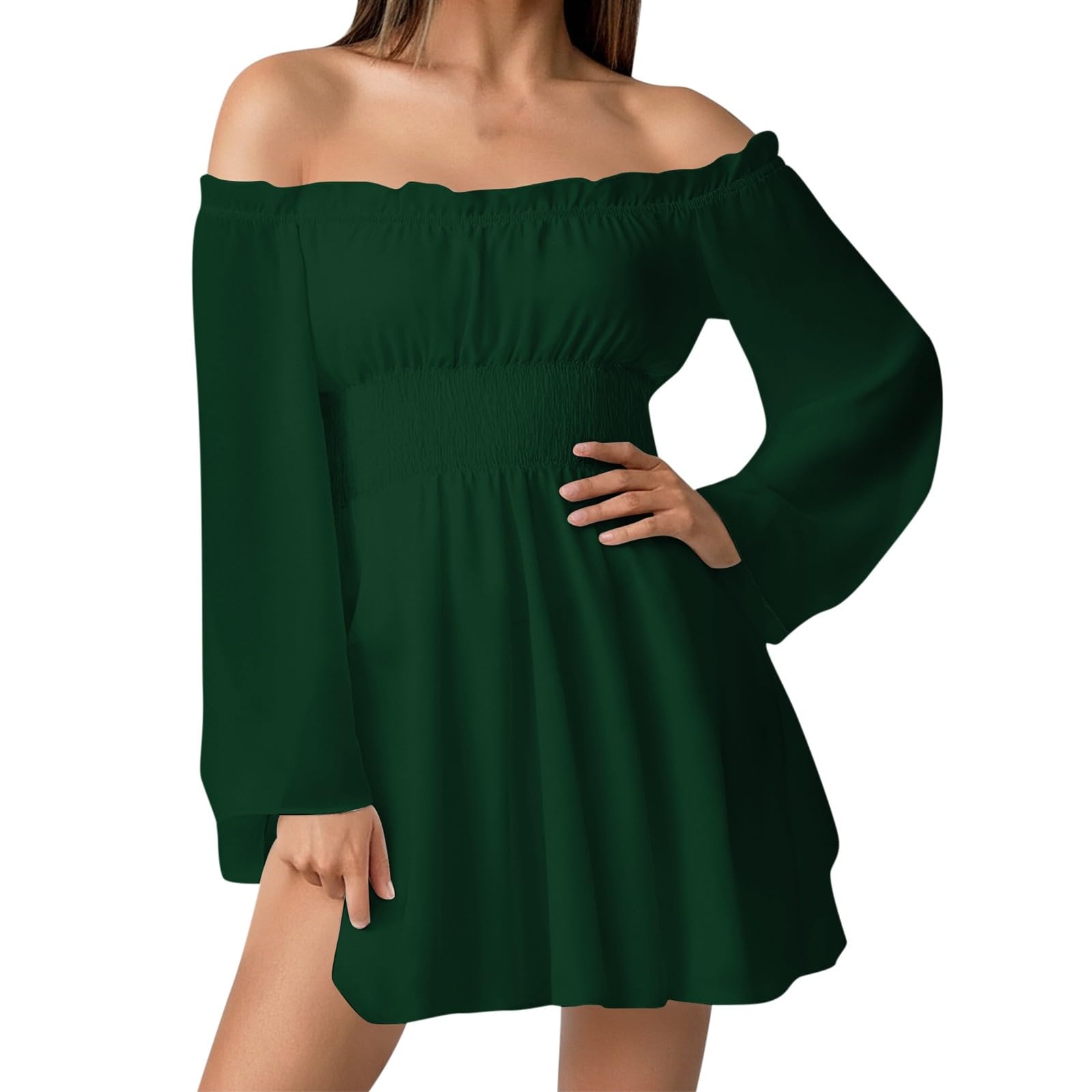 Women s Fashion Off-Shoulder Tie-Detail Pleated Long-Sleeve Fitted -Color Short Dress M