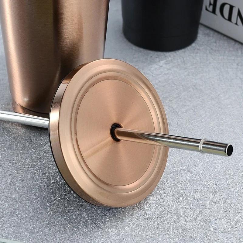 1pcs Stainless Steel Coffee Mug with Straw Lid Portable Coffee Cup Drinking Beer Milk Water Cup Restaurant Bar Party