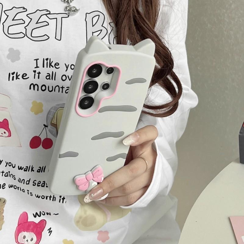 3D Cat Ears Tail Silicone Phone Case for Samsung Galaxy S23 S24 S25 S26 Ultra FE A56 A55 A36 A35 A26 A17 A16 A24 A25 A26 and iPhone 17 16 15 14 13 12