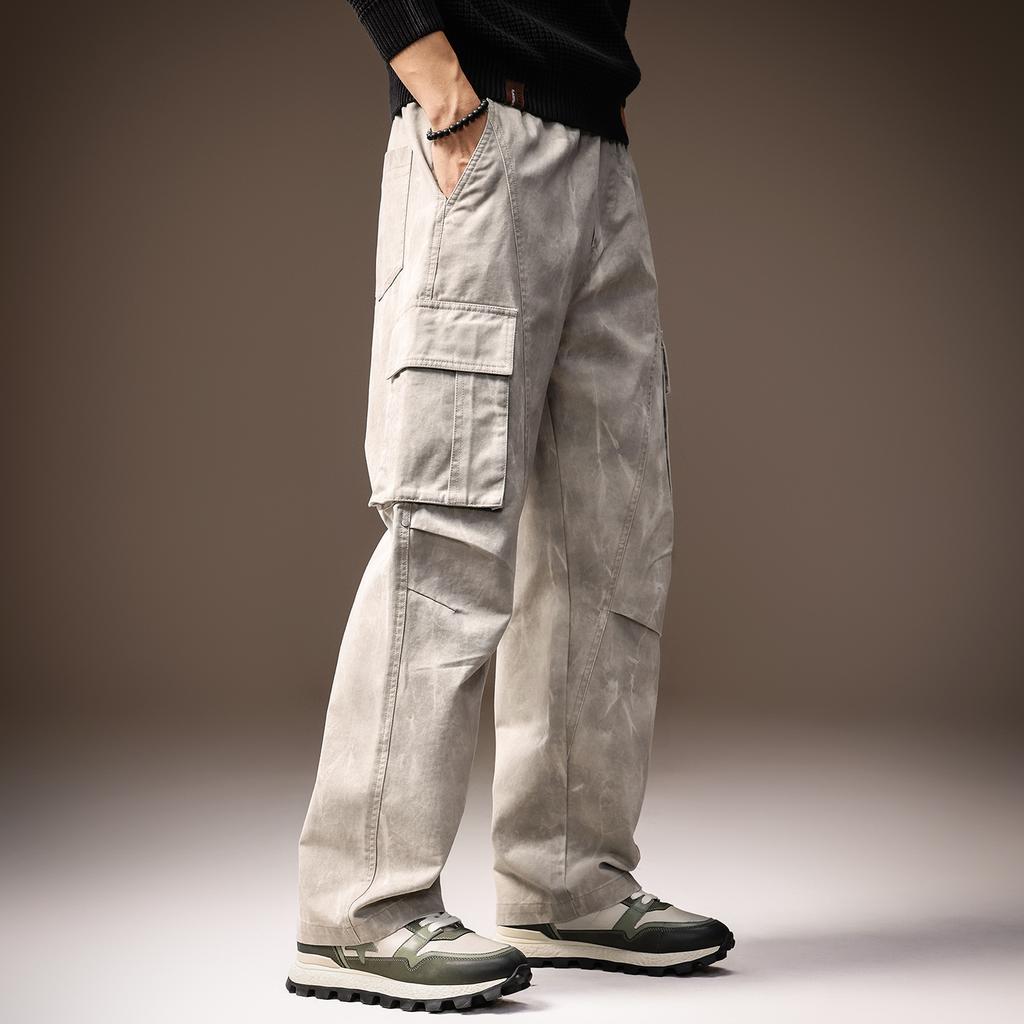 High-end American retro washed overalls men's autumn new loose straight paratrooper dirty dyed multi-pocket casual pants