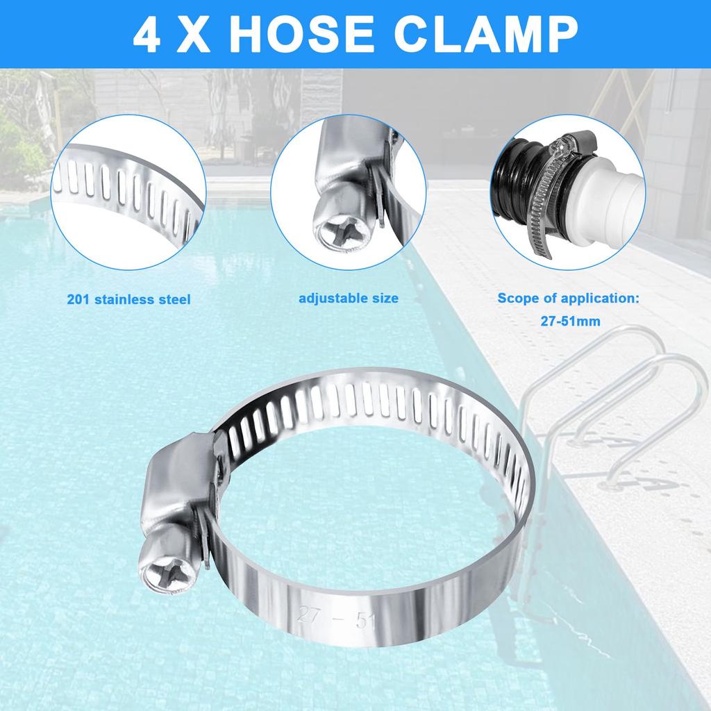 2-Pack 38mm Pool Hose Connectors - Double Nozzle Adapter W/ 4 Stainless Clamps