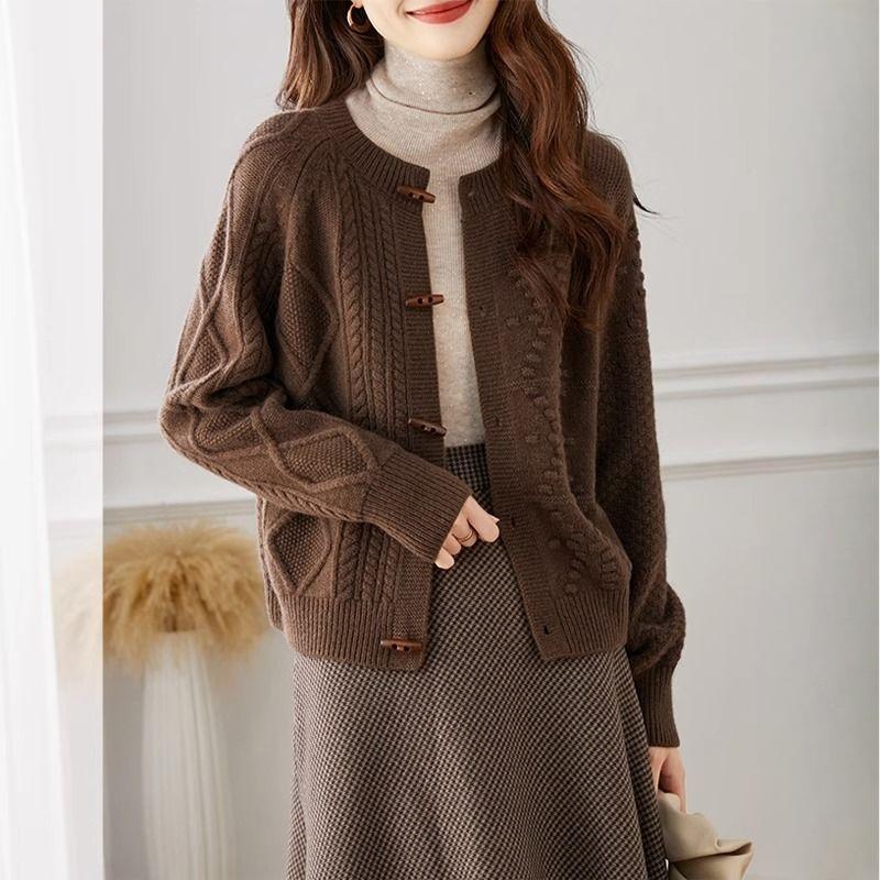 

Женская весенне-осенняя куртка-свитер с кабельным узором, свободный минималистичный однотонный вязаный кардиган в стиле ретро для офиса S темно-коричневого