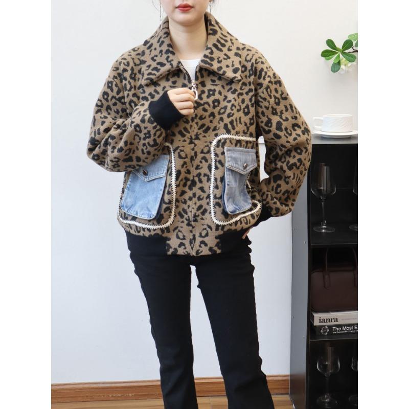 

Кардиган из денима с леопардовым принтом на молнии, вязаный, двусторонний шерстяной, осенний новый дизайн, свободная куртка-свитер для женщин One size