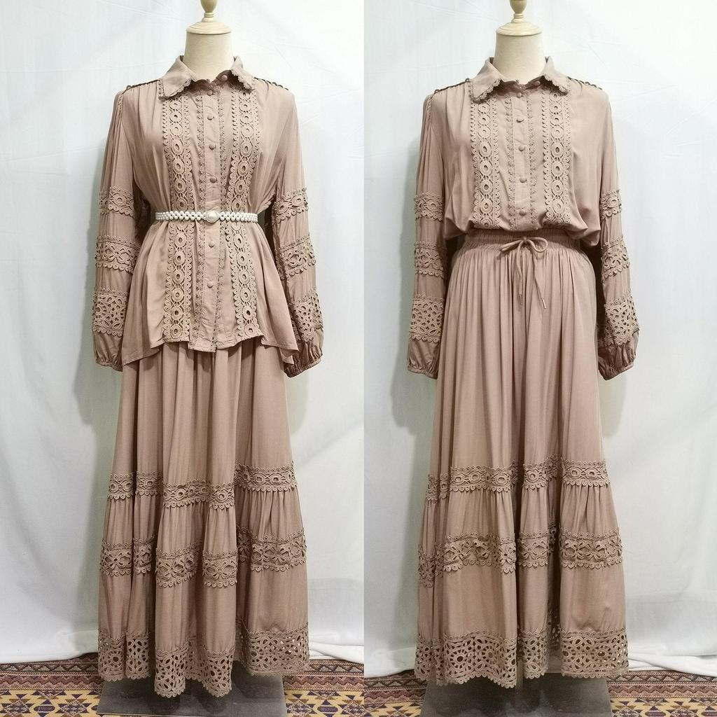 M276# Middle East Lace Applique Shirt & Loose A-line Long Skirt Set for Women