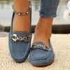 Office Preparation  Ladies' Fashion One Step Leg Loafers - Soft Soled, Casual Denim Blue Flat Shoes with Decorative Metal Buckles, PU Veneer Upper