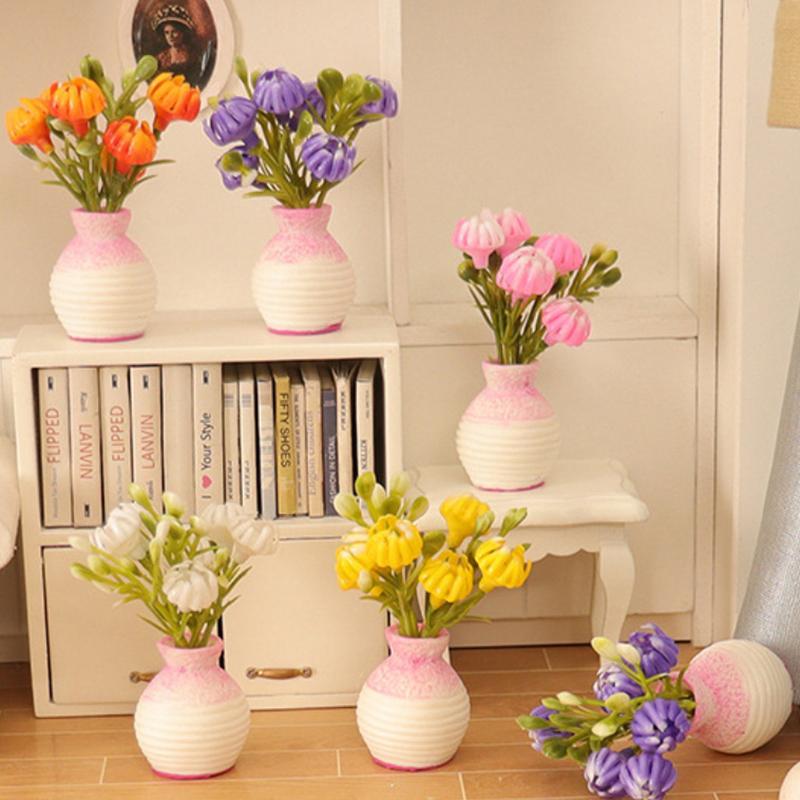 1 Piece 1:12 Dollhouse Miniature Plastic Simulation Colorful Floral Plants Potted Outdoor Doll House Model Diy Accessories