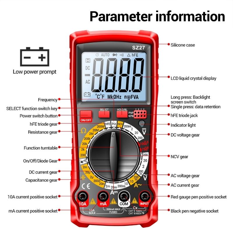SZ27 Multitester 1999 Counts Multimeter Voltage Current Tester Ohm Diode Triode NCV Resistance Capacitance Tester