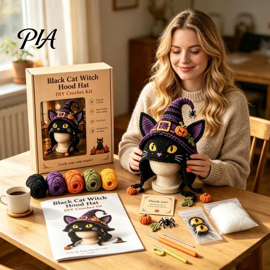 Parent Child Art Project Highland Cow Hat Crochet Kit, Halloween Pumpkin Spider Hood Handmade Winter Headwear DIY Craft Kit for Adults Teens Diy