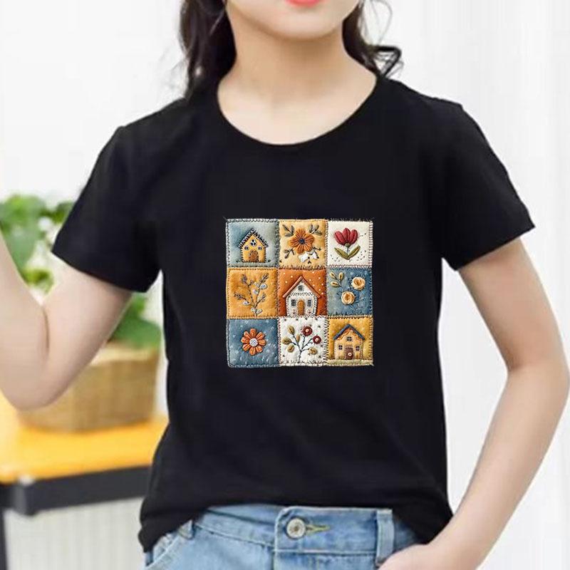 Kids Cotton T Shirt Cute Floral House Print Crew Neck Short Sleeve Tee Casual Breathable Boys Girls Summer Tops