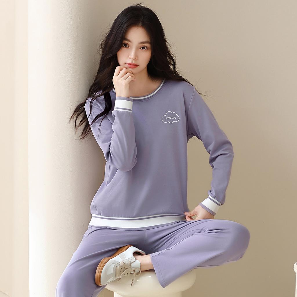 Women's Spring and Autumn Pajamas Pure Cotton Casual Breathable Cotton Skin-friendly and Soft Two-piece Set Long-sleeved Trousers Loungewear Set
