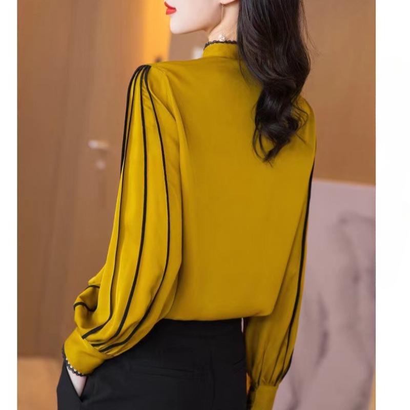 Elegant Fashion Casual Solid Satin Button Shirt Autumn  Stand Collar Long Shirt Sleeve Loose Pullovers Tops Women's Clothing