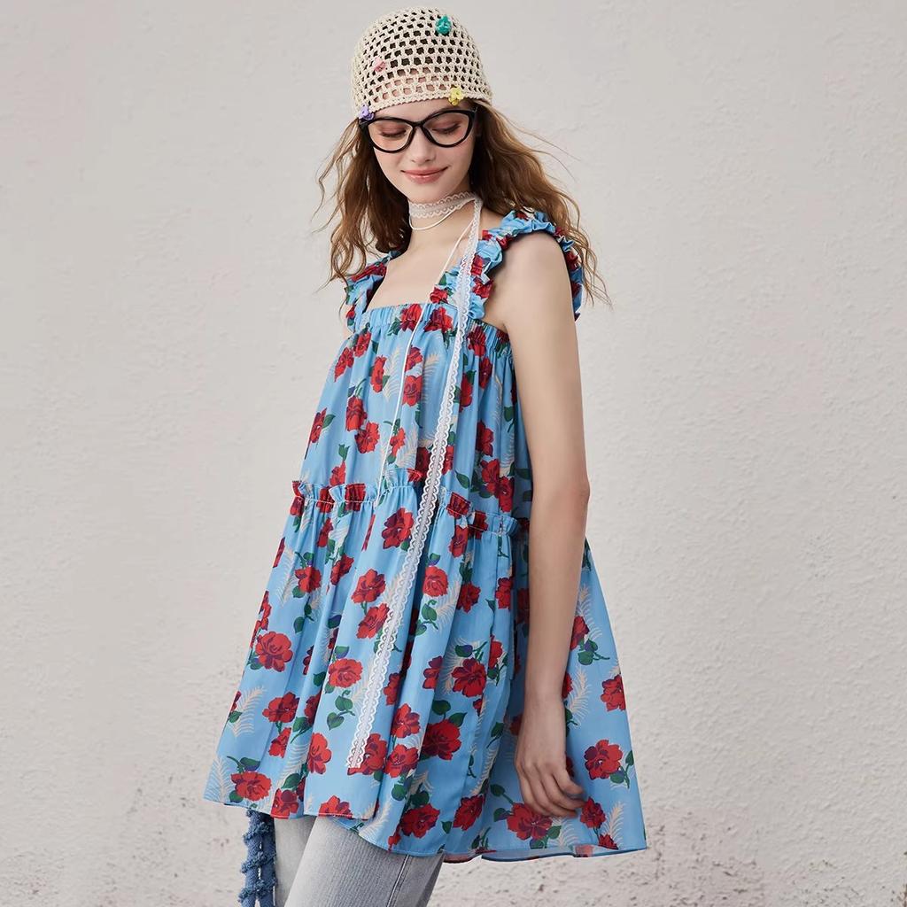Dress Personalized Full Print Design Age-reducing Suspender Skirt Summer Vacation Style Loose Short Girl Dress Women