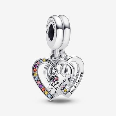 Charm Pendant - PANDORA - Separable Friendship - Sterling Silver - 2 Hearts - Grey