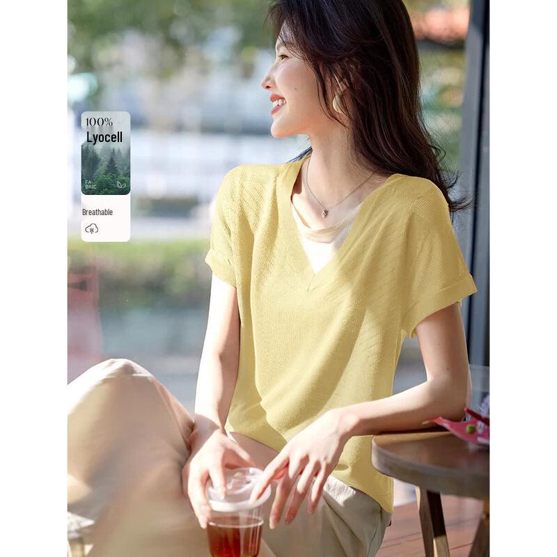 XWI Women s Cool Lyocell V-Neck Faux Two-Piece Knit Top M