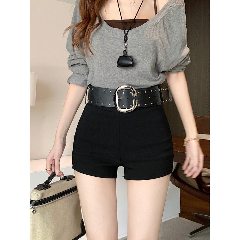 

Kumikumi American Style Sexy Belt High Waist Black Casual Pants Women s Clothing Autumn Slimming All-Matching Straight Pants Shorts Black Belt L