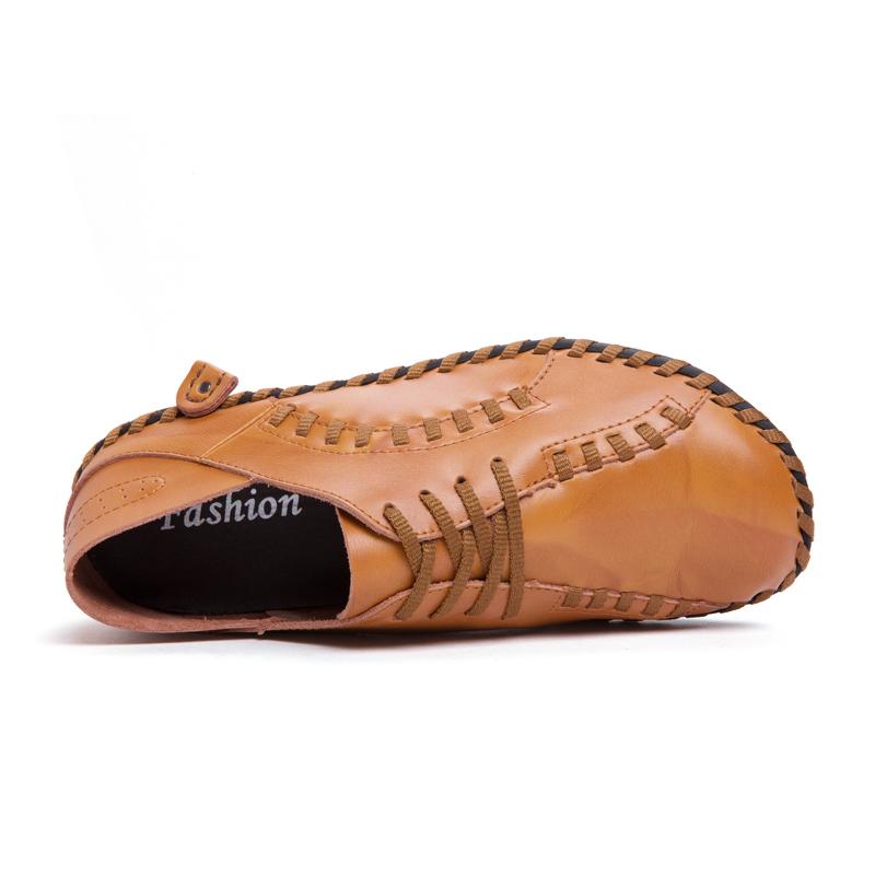 Men Handmade Loafers Retro Lace Up Solid Color Driving Flats Round Toe Anti-slip Thick Sole Lightweight Slip On Walking Shoes