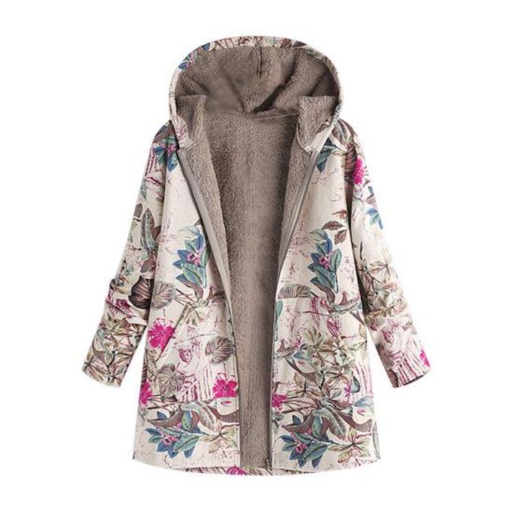 Women Fleece Lining Winter Hooded Coat Floral Leaf Print Long Sleeve