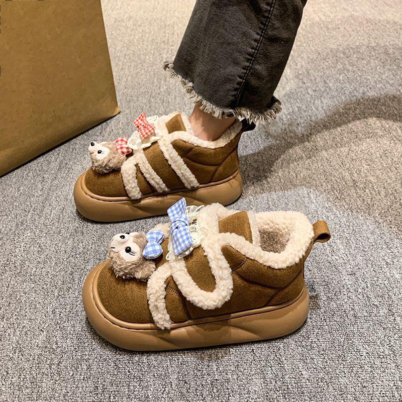 Cute cartoon thick-soled heightening fluffy shoes 2025 autumn and winter new non-slip, wear-resistant, piled warm soft-soled cotton shoes for women