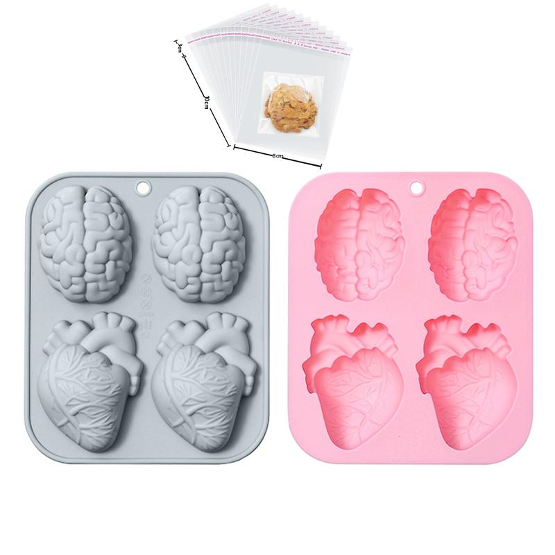 Gehirn Herz Silikonform mit Lebensmittelverpackungsbeutel Lebensmittelqualität Gehirn Fondantformen Silikonformen für DIY Backen Kuchen Backzubehör