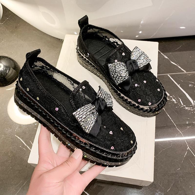 Summer rhinestone mesh muffin thick-soled casual single shoes women's shiny bow thick-soled stitching