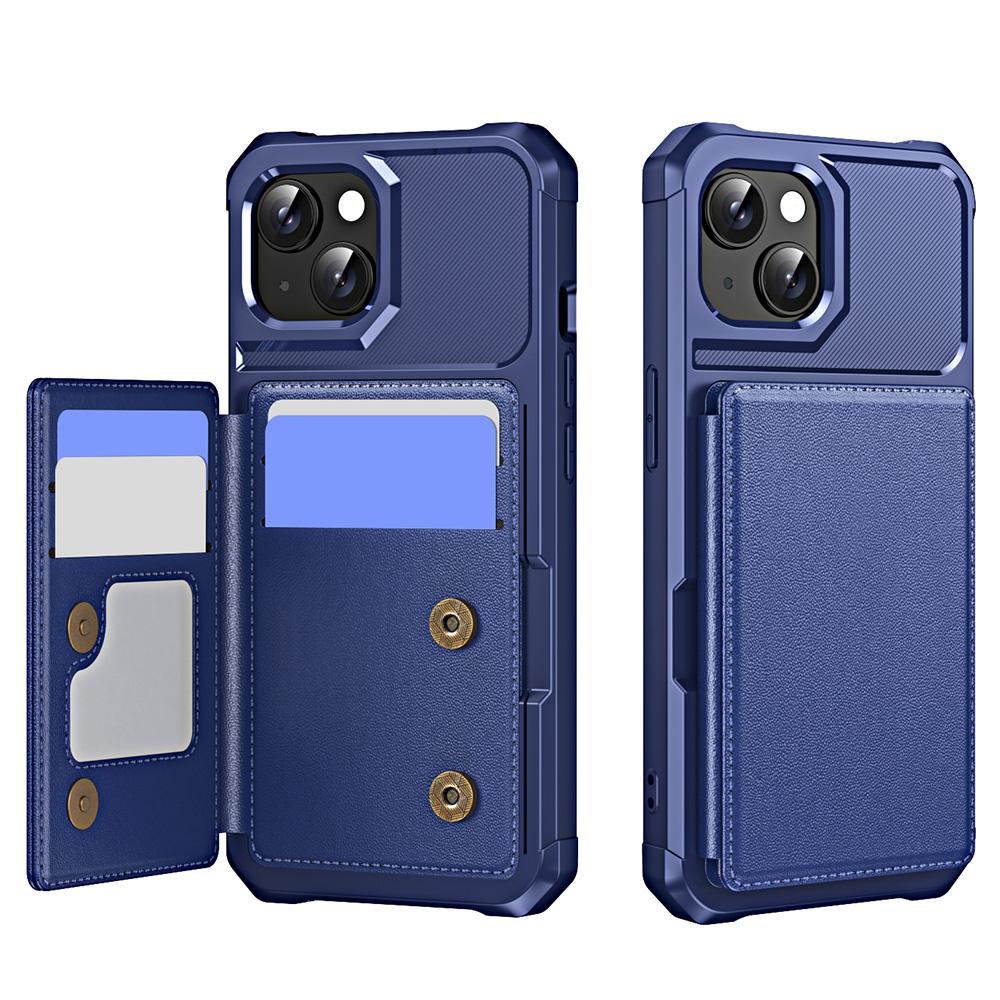 

For iPhone 15 Plus Case Card Slot Kickstand Leather+TPU Reinforced Corner Phone Cover Dark Blue